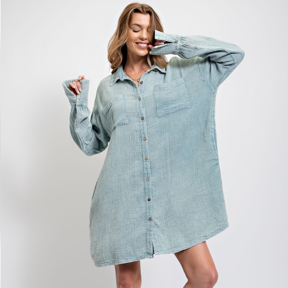 easel Dresses New Easel Mineral Washed Relaxed Fit Blue Shirt Dress